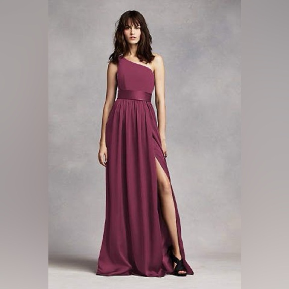 White by Vera Wang One Shoulder Dress with Satin Sash VW360215 in Merlot Maroon